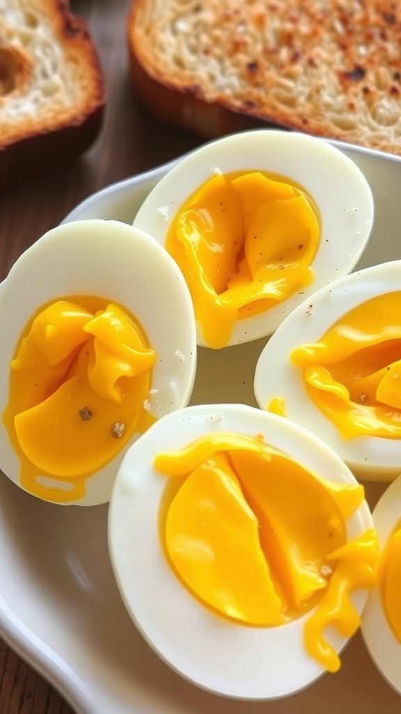 Soft-boiled eggs cut in half with runny yolk, garnished with salt and pepper, on a wooden table with toast.
